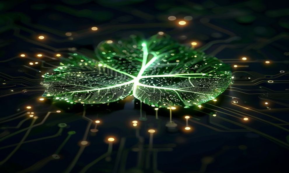 Concetto di tecnologia sostenibile con foglie verdi e circuiti luminosi